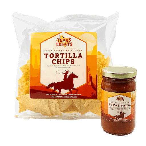 A bag of tortilla chips and a jar of salsa paired together and arranged on a white background. 